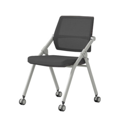 TC-824 mobile folding training chair with black mesh back, padded seat, fixed armrests, and optional casters – wholesale from China Foshan factory.