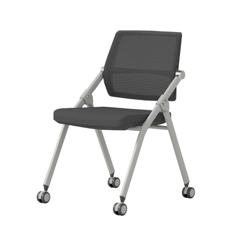TC-824 mobile folding training chair with black mesh back, padded seat, fixed armrests, and optional casters – wholesale from China Foshan factory.