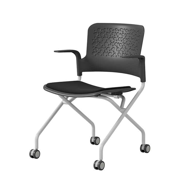 TC-830 mobile folding training chair with black mesh back, padded seat, fixed armrests, and casters – wholesale from China Foshan factory.