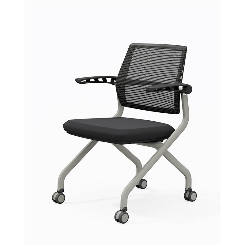 TC-937 mobile folding training chair with black mesh back, padded seat, fixed armrests, casters, and optional writing tablet – wholesale from China Foshan factory.
