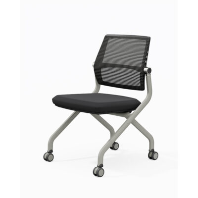 TC-937 mobile folding training chair with black mesh back, padded seat, fixed armrests, casters, and optional writing tablet – wholesale from China Foshan factory.