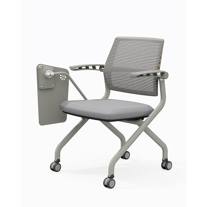 TC-937 mobile folding training chair with black mesh back, padded seat, fixed armrests, casters, and optional writing tablet – wholesale from China Foshan factory.